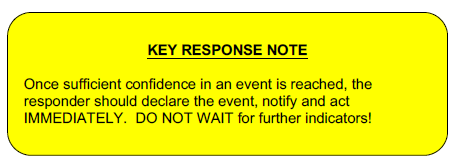 KEY RESPONSE NOTE: Once sufficient confidence in an event is reached, the responder should declare the event, notify and act IMMEDIATELY.  DO NOT WAIT for further indicators!